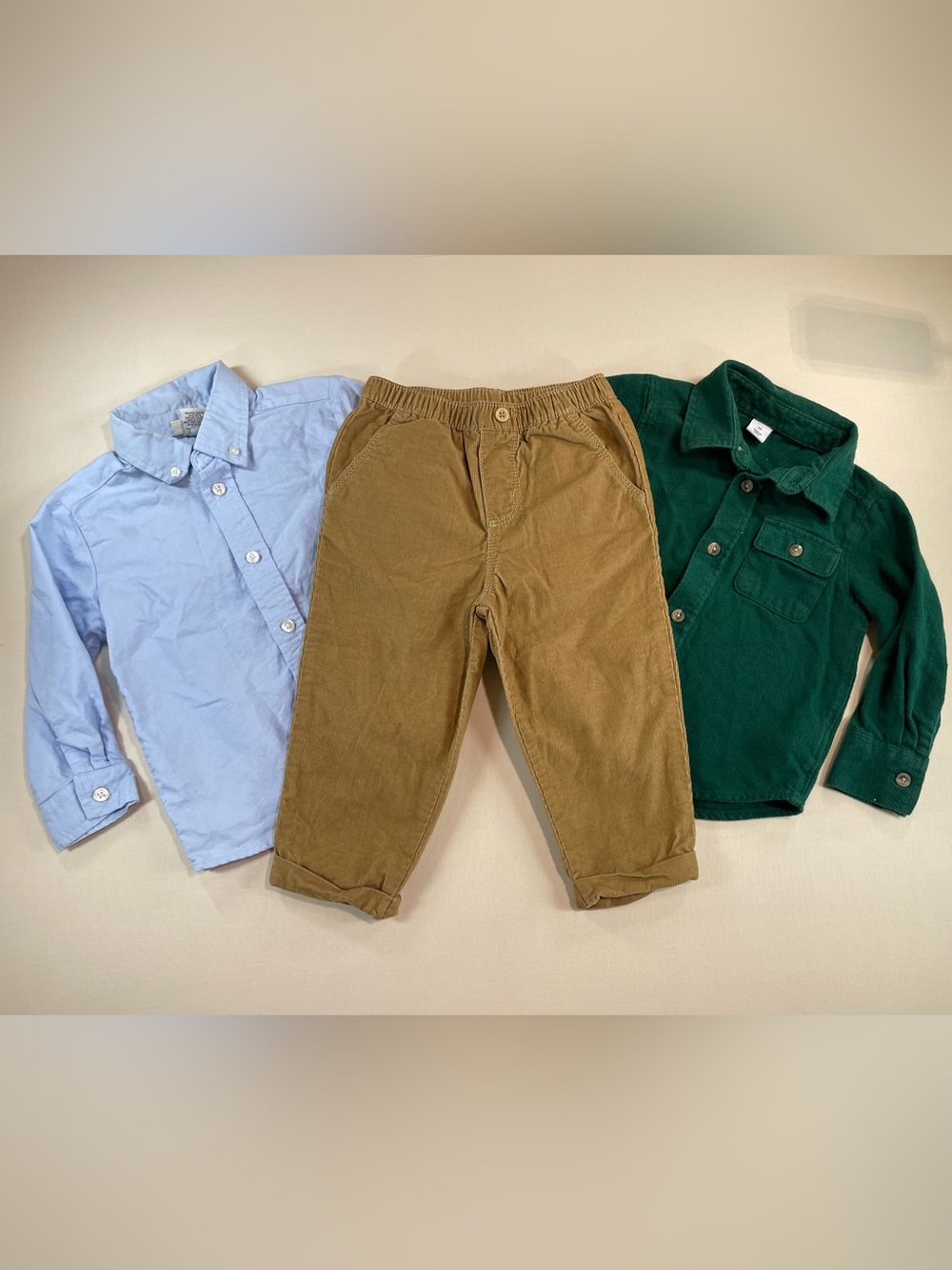 100% Cotton 2 Outfit Set Tan Corduroy Pants with Light Blue & Dark Green Shirts